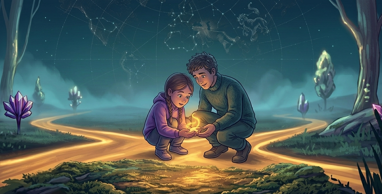 A parent and child exploring a glowing spark of curiosity together, a path winding ahead under a sky of constellations